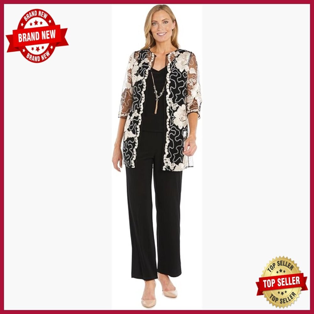 Sequin Soutache Cardigan Pantsuit Set with Necklace, 3-Piece Formal Outfit